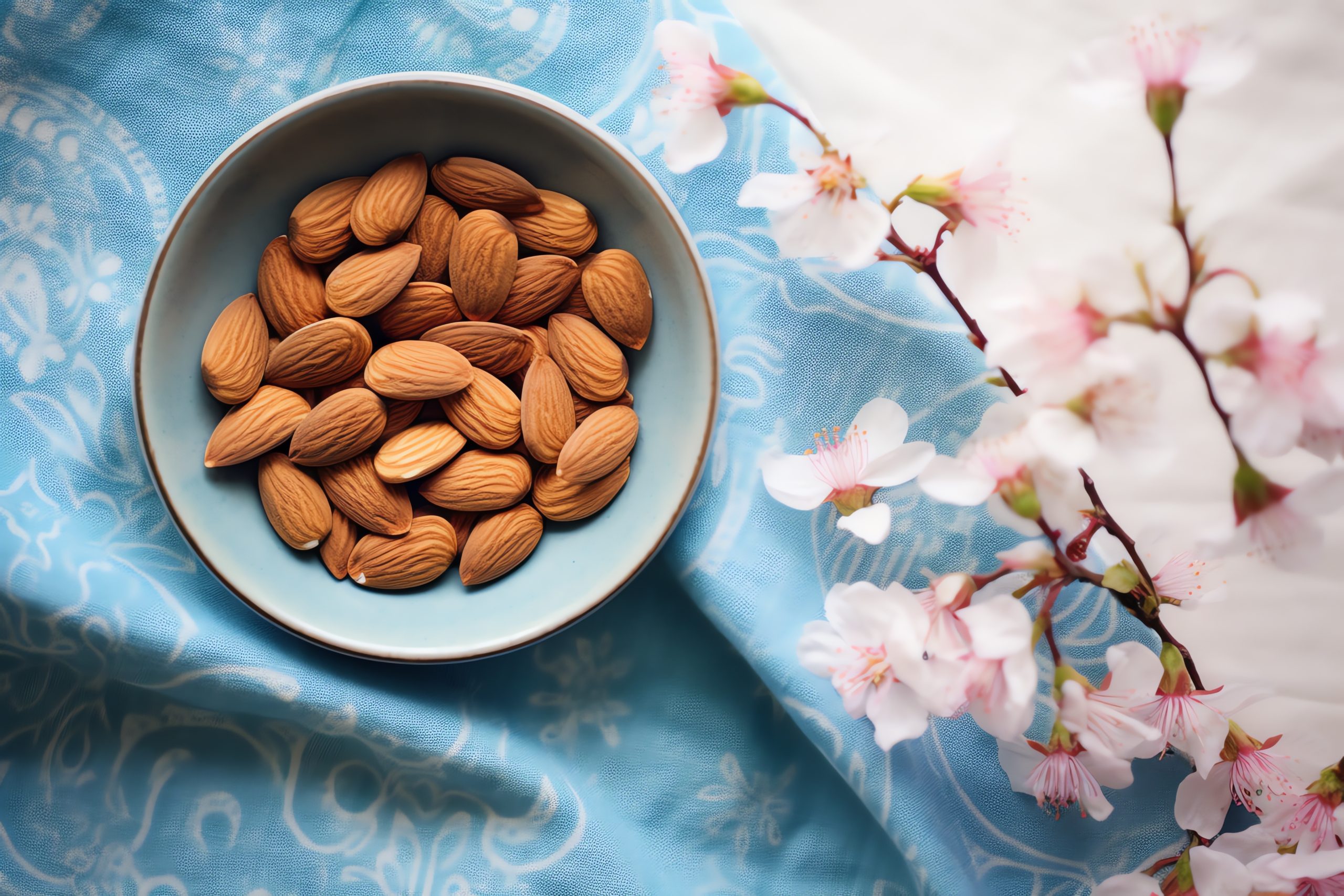 a bowl of almonds on a blue cloth next to a branch of flowers