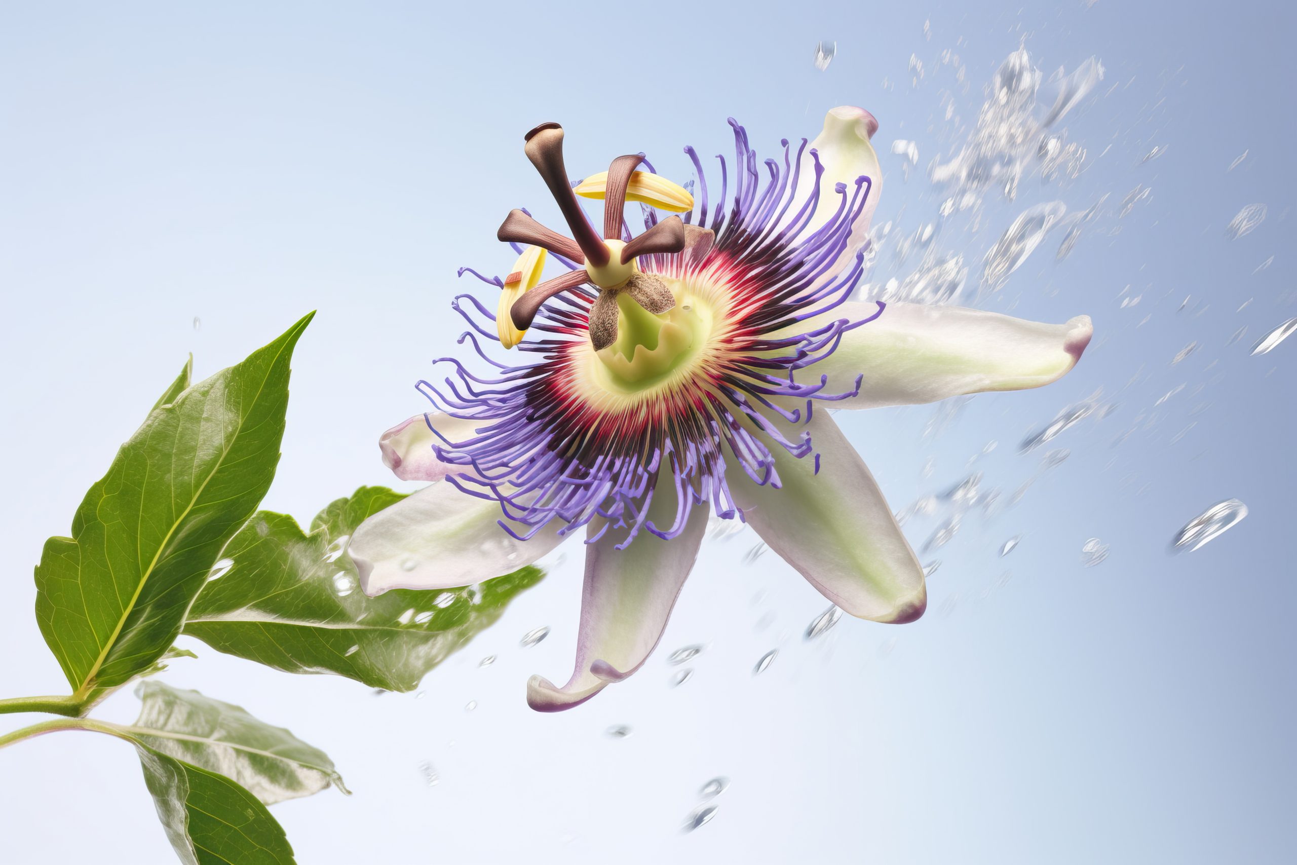 Passiflora (passionflower) on light background. Big beautiful fl