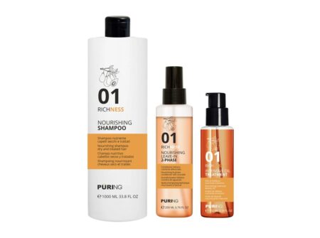 Set za suhu kosu Puring Richness Trio – šampon, regenerator i ulje s avokadom i bademovim uljem.