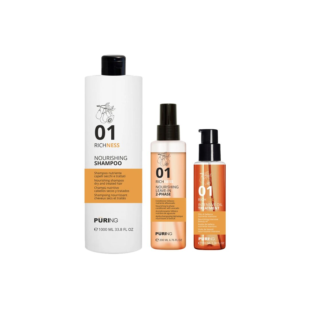 Set za suhu kosu Puring Richness Trio – šampon, regenerator i ulje s avokadom i bademovim uljem.