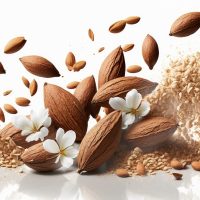 Almonds in abundance against a white background. pulverized almonds