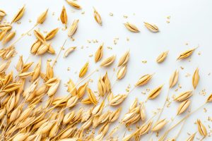 Golden oat grains scattered on a clean white background, showcasing natural texture and agricultural harvest details in a minimalistic style. Golden oat grains scattered on a clean white background, showcasing natural texture and agricultural harvest details in a minimalistic style.