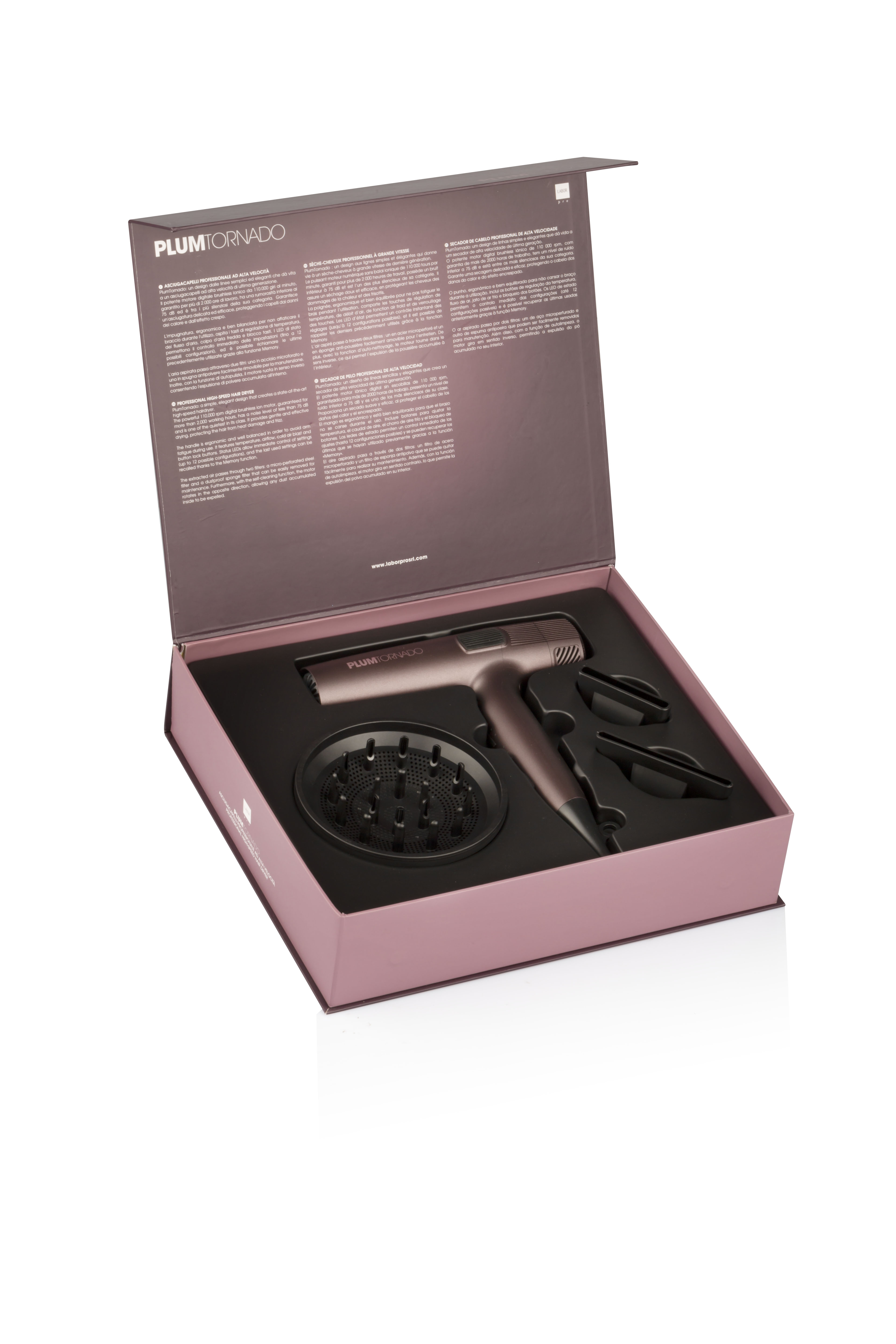 Komplet Labor Pro Plum Tornado – profesionalni fen za kosu s dodatcima i modernim pakiranjem.