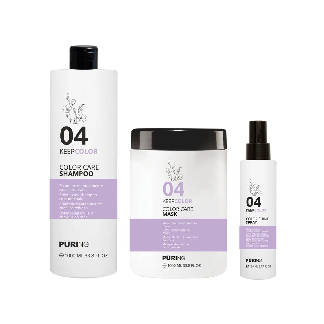Set za bojanu kosu KeepColor sadrži šampon, masku i sprej s vitaminom E i lanenim uljem. Čuva boju, daje sjaj i svilenkastu mekoću.