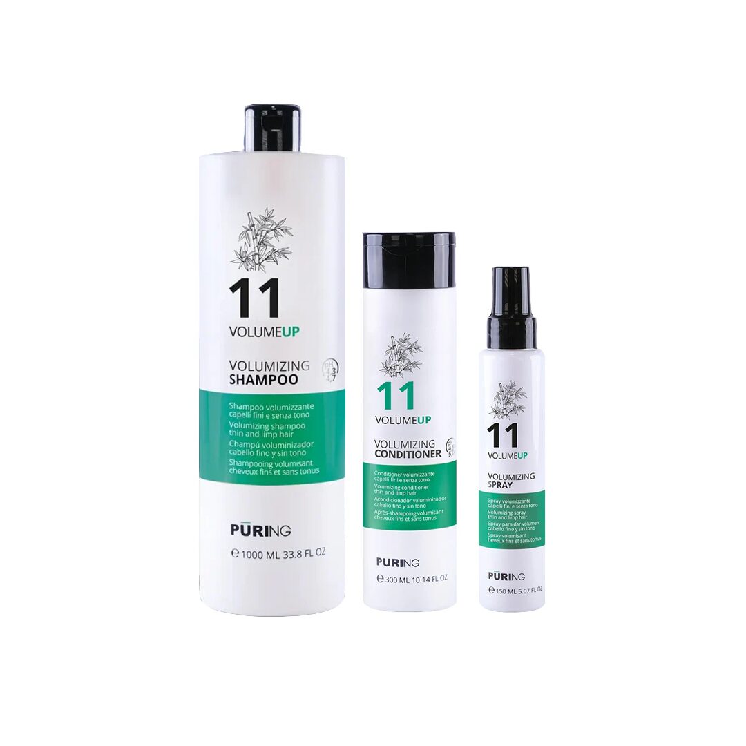 Set za volumen kose Puring VolumeUp – šampon, regenerator i sprej za tanku kosu s ekstraktom bambusa i proteinima riže.