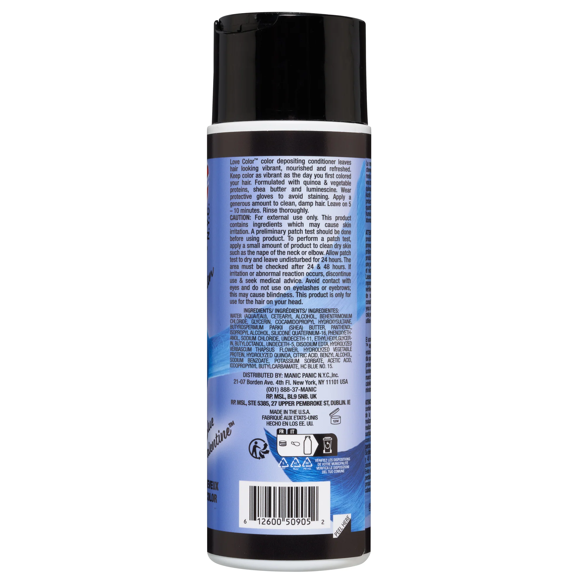 Bočna strana Manic Panic Love Color Blue Valentine regeneratora u boji s deklaracijom proizvoda.
