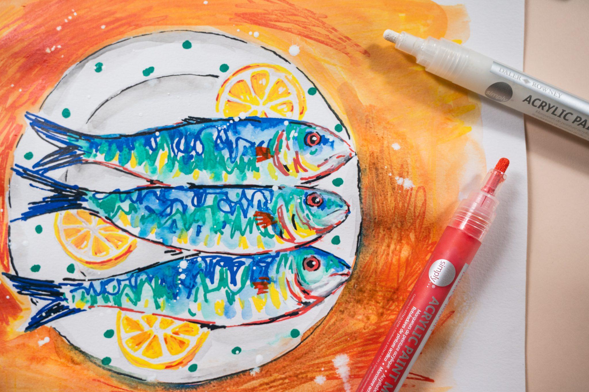 Bijeli Daler-Rowney Simply akrilni marker uz ilustraciju riba