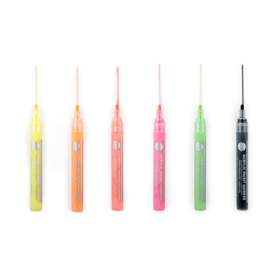 Set šest Daler-Rowney Simply fluorescentnih akrilnih markera u žutoj, narančastoj, crvenoj, ružičastoj, zelenoj i crnoj boji
