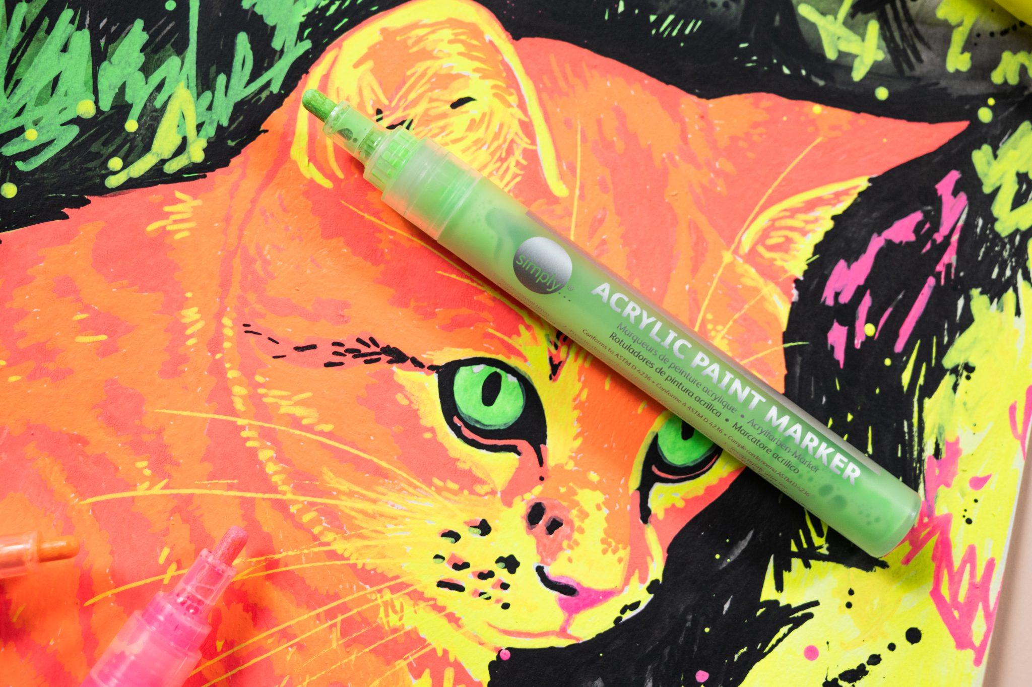Zeleni Daler-Rowney Simply akrilni marker 2–3 mm na fluorescentnoj ilustraciji mačke